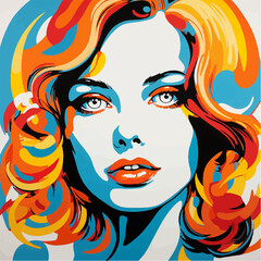 Beautiful colorful portrait of a pretty young woman with curly hair. Vibrant orange and blue pop art illustration of a sad, thoughtful lady close-up face