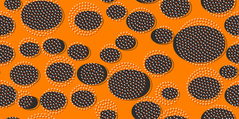 Poster - Black ovals and many small dots. Vector pattern with orange background. Seamless and simple pattern with black circles.