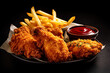 Fast food fried crispy chicken and french fries potatoes with ketchup sauce isolated on dark background