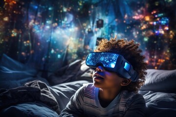 a american african boy wearing vr headset user, surreal world and virtual reality, colorful flowers 