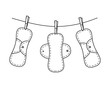 © Julia G art - Reusable cloth menstrual eco pads on a rope. Doodle hand drawn vector Illustration. Zero waste. Female hygiene products.