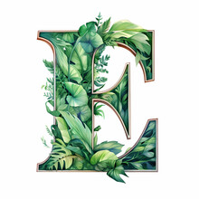 Letter E Logo With Green Leaf Watercolor Style