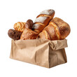 Fresh bakery items in a paper bag. isolated object, transparent background