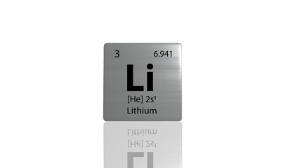 Lithium elements on a metal periodic table on white background. 3D rendered icon and illustration.