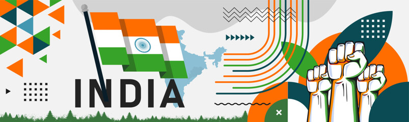 Wall Mural - India national day banner, flag colors background and geometric abstract modern orange white green design. Indian independence day corporate business theme. South Asia Patriots Vector Illustration.