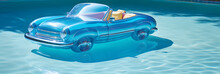 Inflatable Fancy Car Floating In Swimming Pool On Sunny Day, Vacation