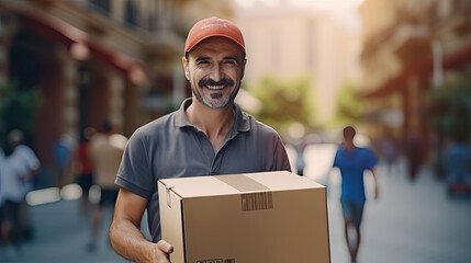 Confident young delivery man carrying cardboard box in city.