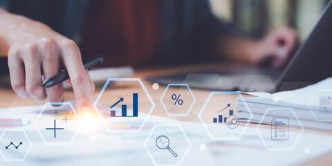 Aufkleber - statistical analyst reading graph report and business statistics charts ,Analysis and improvement of corporate strategy ,manage financial and marketing documents , Statistics and Data Concepts