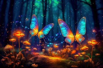 Wall Mural - Fantasy fairy tale background with forest and neon butterflies in the night. Fabulous fairytale outdoor garden and moonlight background.