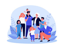 Big Family Of Different Generations Vector Illustration. Drawing Or Portrait Of Happy Children, Parents, Grandparents Standing Together. Family, Communication, Love, Connection, Relationship Concept