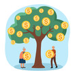 © Orapun - Happy senior retirement couple enjoy harvesting gold coins from precious money tree. Idea for long term investment fund and financial preparation planning for elderly people concept.