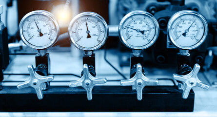 row of industrial high pressure gas gauge meters