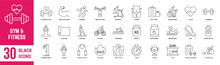 Gym & Fitness Thin Line Icons Set. Fitness, Gym,  Exercise, Weight Loss, Diet, Dumbbell, Running,  And Calorie. Vector Illustration
