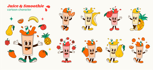  Set of comic cartoon characters of orange, banana, apricot, pineapple, raspberry, mango, pear smoothie or juice. Isolated vector illustration of hand drawing mascots cocktail in retro style