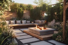 A Stylish And Inviting Outdoor Living Space With A Natural Wood Deck, A Rattan Sectional, And A Fire Pit Surrounded By Slate Tile