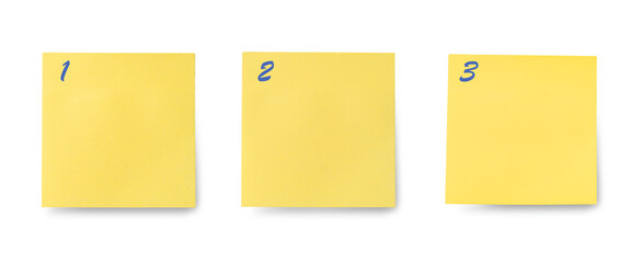 1, 2, and 3 order numbers on blank sticky notes, priority, process, or instruction. plan step by step. step-by-step instruction mockup. implementation of plan point by point. banner