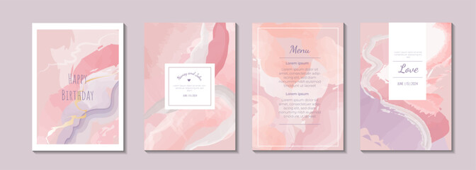 Set of abstract template with pink marble. Good for poster, birthday card, invitation for wedding, flyer, cover, banner, placard, brochure and other graphic design. Vector illustration.