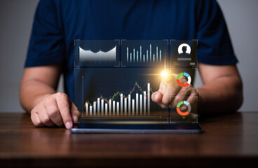 Business finance data analytics graph chart report. man using laptop computer with digital data of  economic growth , marketing KPI sale report,  financial management technology.decision.