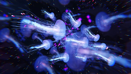 Wall Mural - glowing jellyfish swim deep in blue sea. medusa neon jellyfish fantasy in space cosmos among stars. 