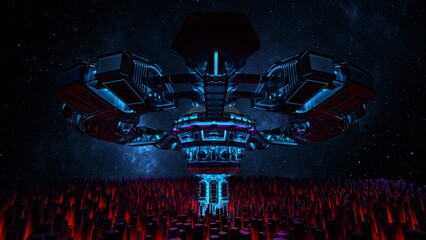 Wall Mural - space city base, extraterrestrial colony. fantasy city spaceship base, legendary spaceship on a plan