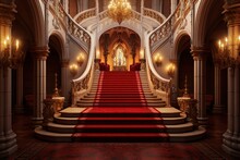 Royal Palace Hallway. Ai. With Stairs At Night