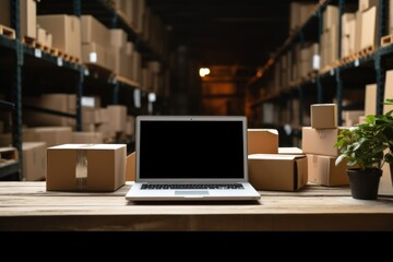 Online e-commerce store mockup, dropshipping business website concept Desk with laptop computer mockup blank white screen. Delivery box, retail market, warehouse delivery background, signboard
