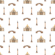 Watercolor Seamless Pattern With The Sights Of St. Petersburg, St. Isaac's Cathedral, Alexander Column, Bridge For Prints And Textures On A White Background