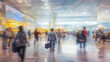 © pingpao - Blurred background of travelers or tourists walking in international terminal at the airport in a rushing hour. Generative AI.