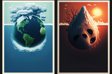 ai generated illustration 2 poster Planet earth iced and melting, contrast.