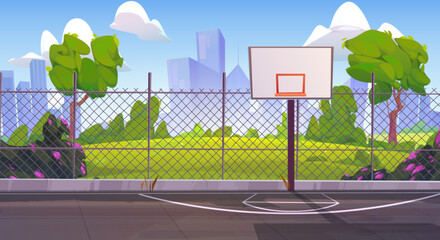 Wall Mural - Sunny street basketball court cartoon background. School outdoor playground stadium near spring city park with green grass, tree and blooming bush illustration. outside sport arena for competition