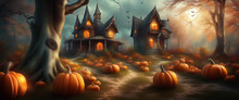 Spooky, Scarry Halloween Forest With Scary Black Trees And Pumpkins