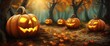 Halloween pumpkin in dark autumn forest halloween celebration background