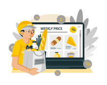 Male Delivering Food. Young Man Holding Groceries In Online Store. Home Food Delivery. Buyer Involved In Virtual Shopping. Flat Vector Illustration In Cartoon Style
