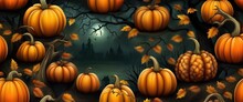 Halloween Pumpkin In Dark Autumn Forest Halloween Celebration Background