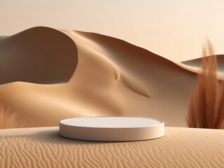 Podium on sand background. Natural desert display scene. Background for cosmetic perfume fashion natural product