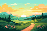 Fototapeta Fototapety z naturą - Road through a green field landscape scene at sunset, colorful summer vector nature illustration