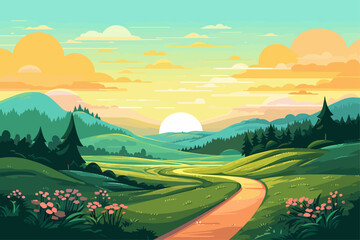 road through a green field landscape scene at sunset, colorful summer vector nature illustration