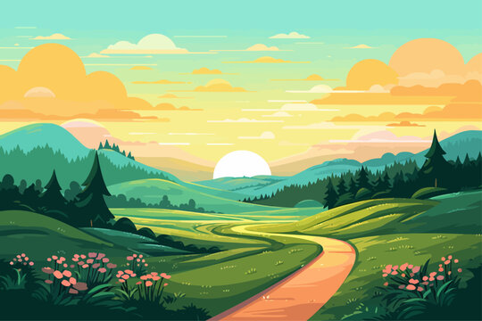 Road through a green field landscape scene at sunset, colorful summer vector nature illustration