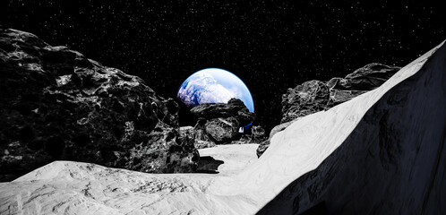 Canvas Print - 3d illustration. view of the planet earth from the surface of the moon.