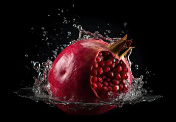 Canvas Print - Cut pomegranate in splashes of water