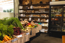 General View Of Health Food Organic Grocery Shop With Shelves And Boxes With Vegetables