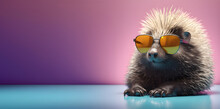 Creative Animal Concept. Porcupine In Sunglass Shade Glasses Isolated On Solid Pastel Background, Commercial, Editorial Advertisement, Surreal Surrealism
