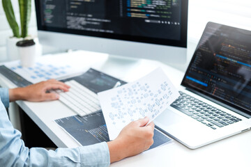 Wall Mural - developing programmer development website design and coding technologies working in software company
