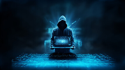 cyber hacker standing full body with laptop, photorealistic, sharp focus, ultra realistic, cinematic