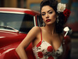 Mujer latina junto a un carro clásico. ai generative