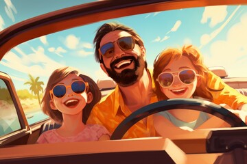 Family enjoy auto ride illustration. Generate Ai