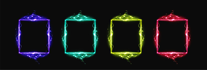 Wall Mural - neon lightning effect electric glow frame vector. magic spark border with thunder sign energy. magic