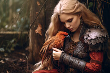 Portrait Of Woman Princess Warrior In Armor Resting In Autumn Forest. Fantasy Bird Sitting On Shoulder. Weird Fantasy Cosplay. Fairy Tale Realistic Image Made With Generative AI