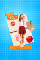 Canvas Print - Vertical photo collage of positive schoolgirl lunch eating ripe red juicy apple tasty healthy nutrition isolated on blue plaid background