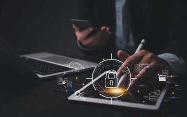 Wall Mural - cyber security system protects data information safe storage networks. businessman using laptop inte